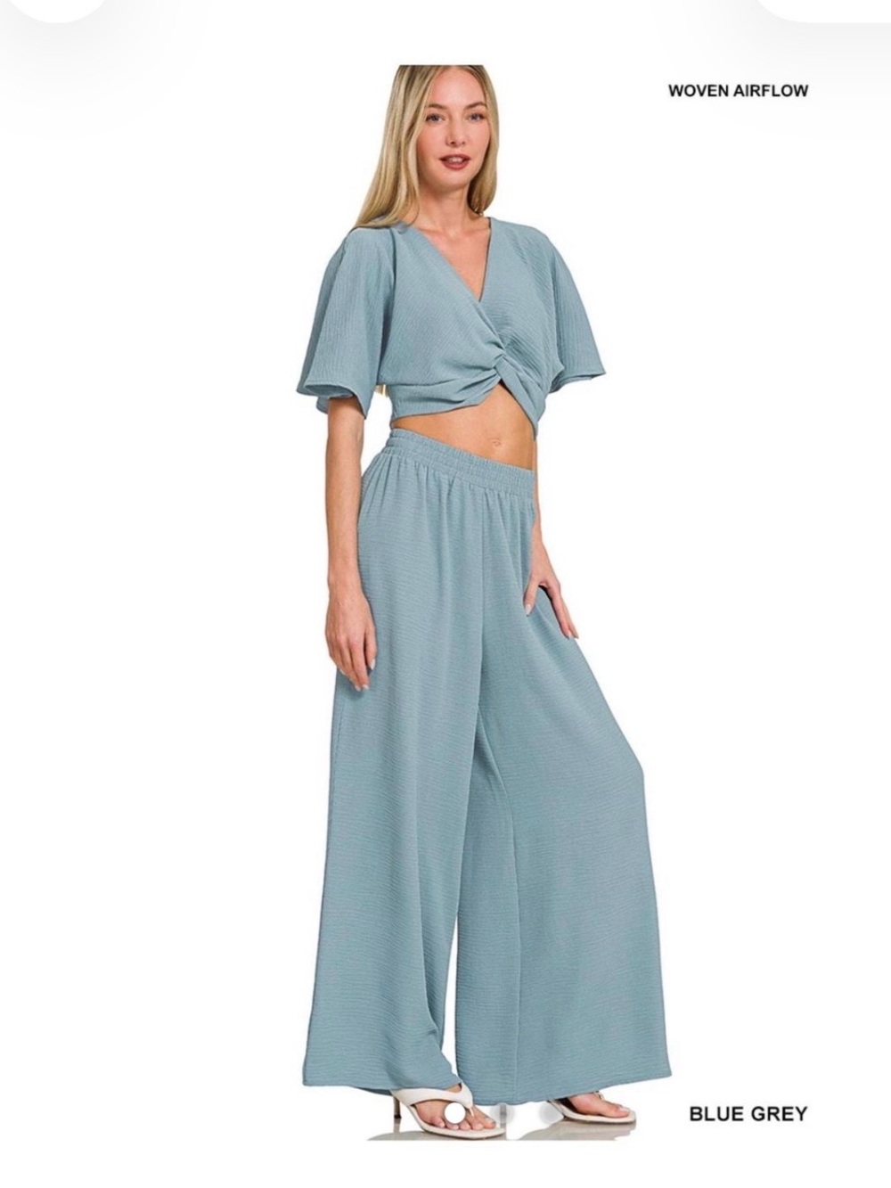 Zenana pant set in ash jade wide Leg Woven Pants and cropped twist front top